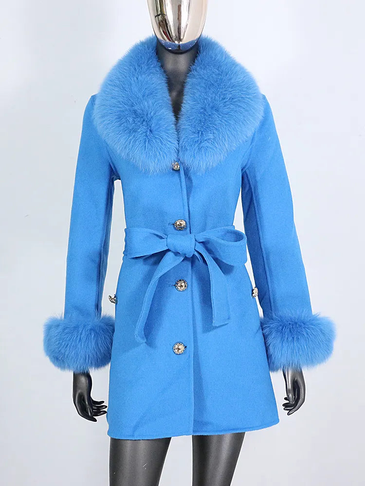 2022 New Real Fur Coat Winter Jacket Women Natural Fox Fur Collar Cuffs Belt Cashmere Wool Woolen Ladies Outerwear Streetwear