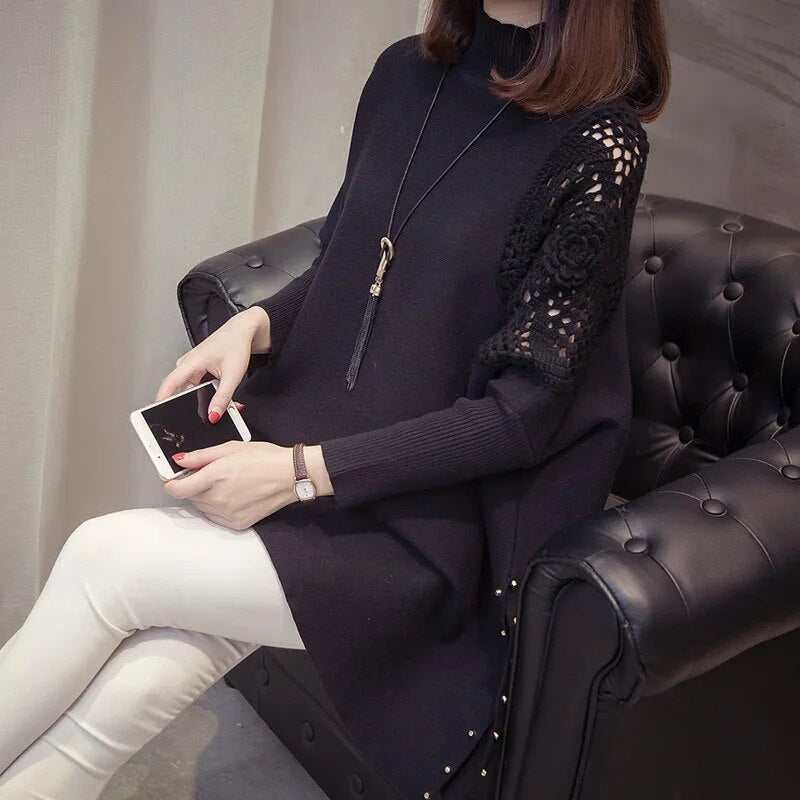 2024 Autumn And Winter New Loose Sweater Coat Women's Half-high Collar Pullover Wrap Swing Beading