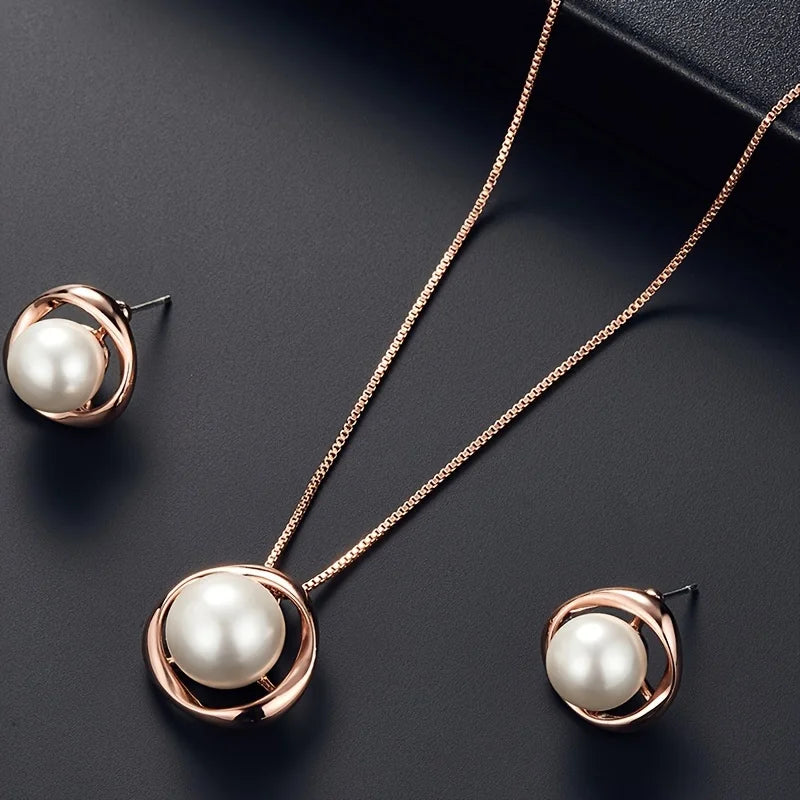 2-piece Set Hollow Round Jewelry Set for Women Pearl Pendant Necklace Stud Earrings Set Brides Valentine's Day Gift for Women