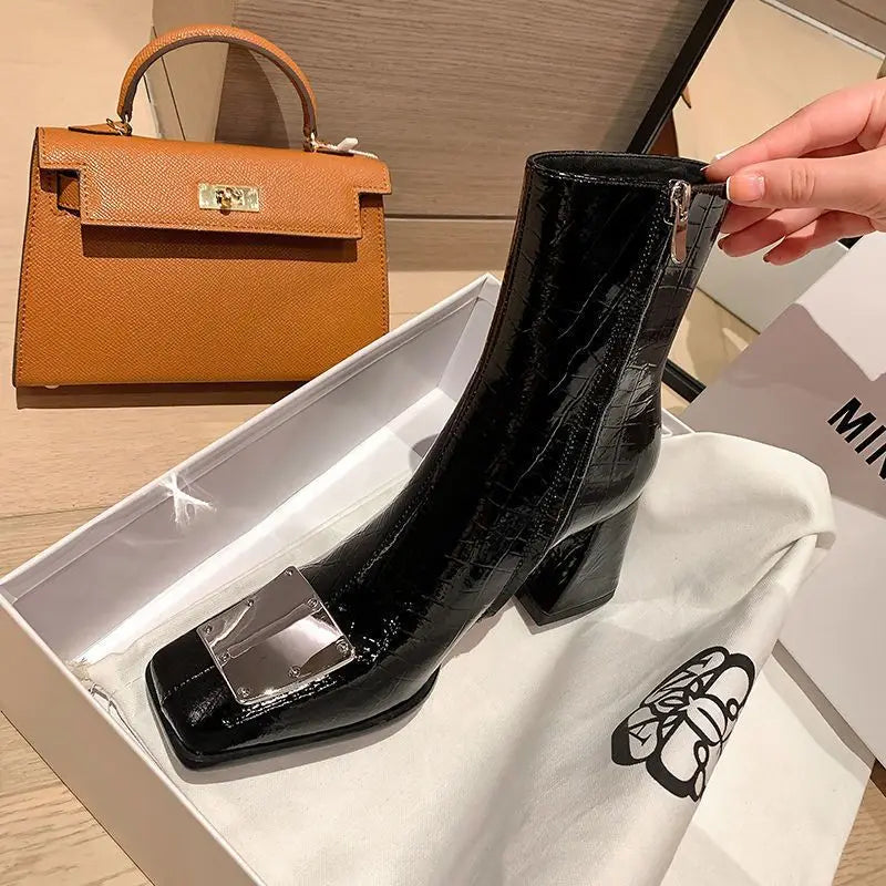 Modern Boots Thick Heel Square Toe Waterproof Non-slip Inner Zipper Autumn and Winter Fashion Shoes for Women 2023 New