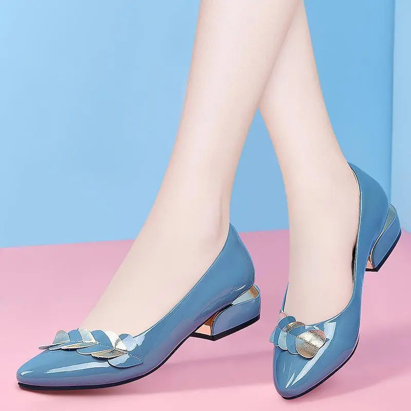 Low Heel Elegant Blue Normal Leather Casual Shoes for Women 2023 Ladies Summer Footwear Pointed Toe Spring Luxury Brand Young 39