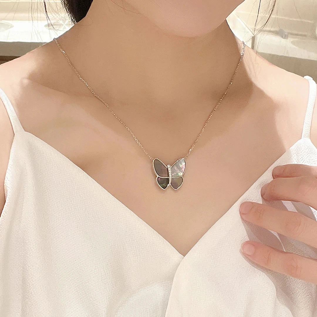 925 Sterling Silver Fashion Brand Ladies Good Quality Bow Necklace Natural Fritillaria Butterfly Beautiful Luxury Women Jewelry