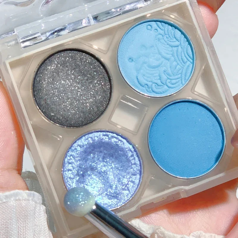 Whale Blue Eye Shadow Palette Metallic Glitter Matte Green Pigmented Blush Powder 4 Color Pressed Eyeshadow Party Makeup Palette