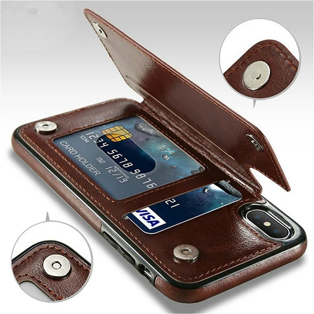 Leather Retro Card Holder Flip Cover for iPhone 11 12 13 14 15 Pro Max Mini Wallet Case XR X XS Max 8 7 6S Plus 5S SE 2022 2020