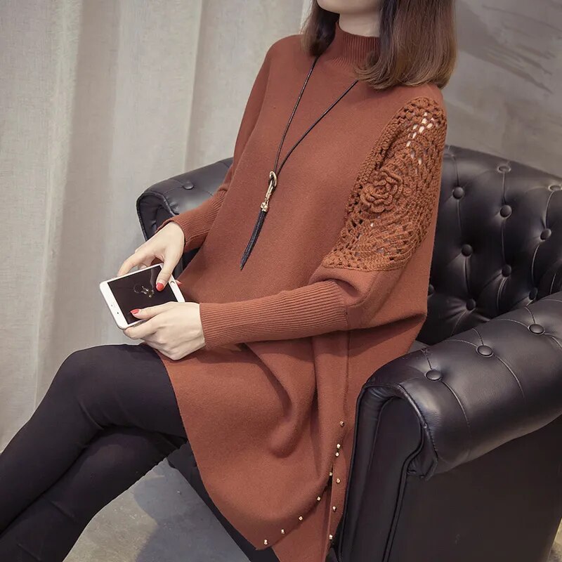 2024 Autumn And Winter New Loose Sweater Coat Women's Half-high Collar Pullover Wrap Swing Beading