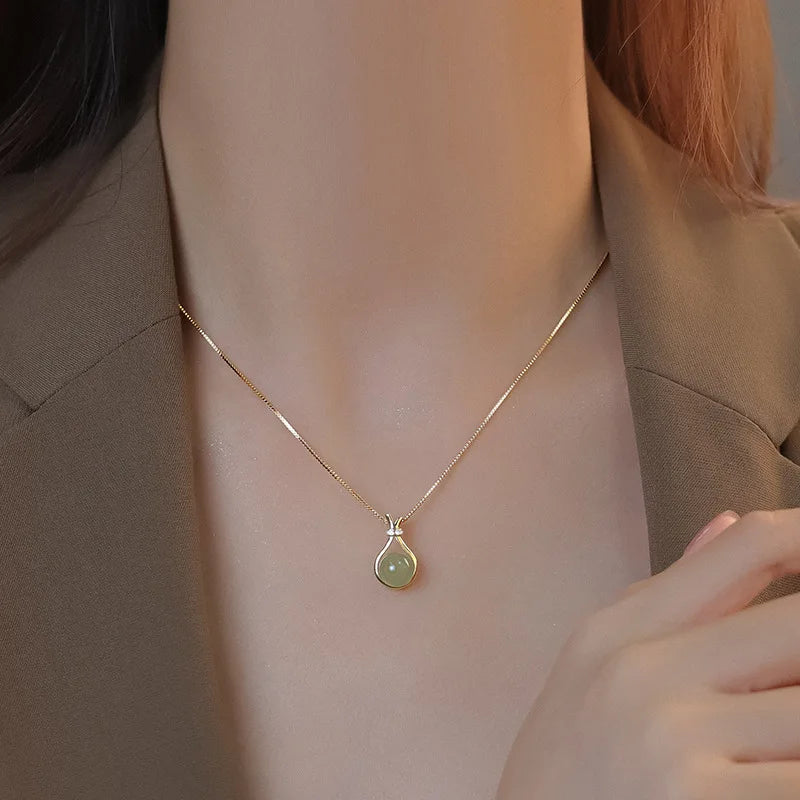 Stainless Steel Fashion light green jade Pendant  Necklaces For Women Trendy Retro Style Female Clavicle Chain Jewelry