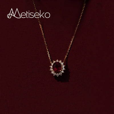 Metiseko 925 Sterling Silver Ruby Colour 18K Gold Plated Chain Necklace Garnet Red Cubic Zirconia Retro Style Necklace for Women