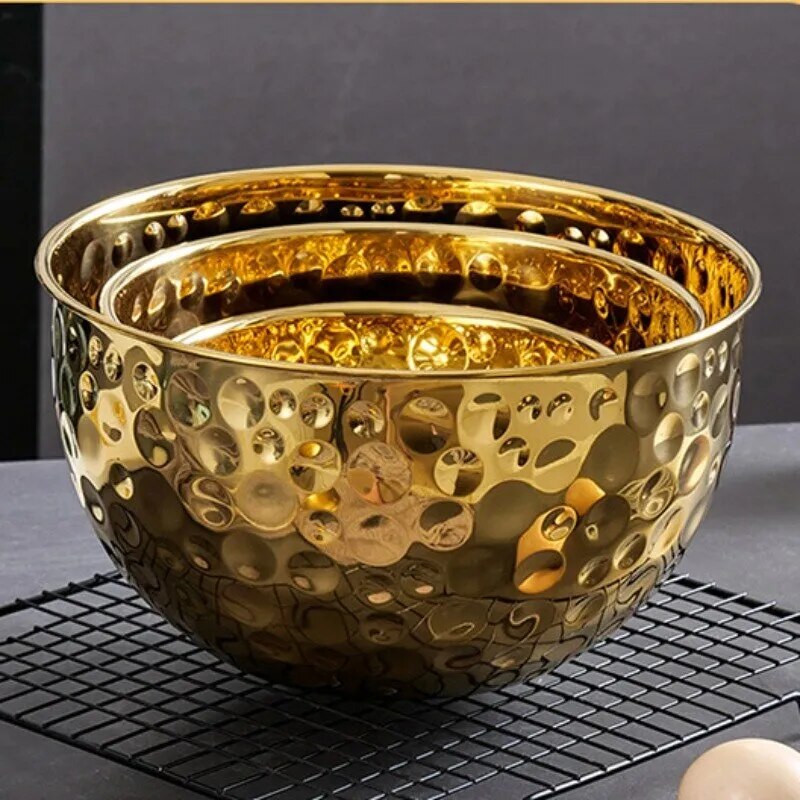 Gold Stainless Steel Hammer Point Fruit Bowl Salad Plate Egg Pot Thickened Baking Mixing Cooking Bowl Creative Decoration