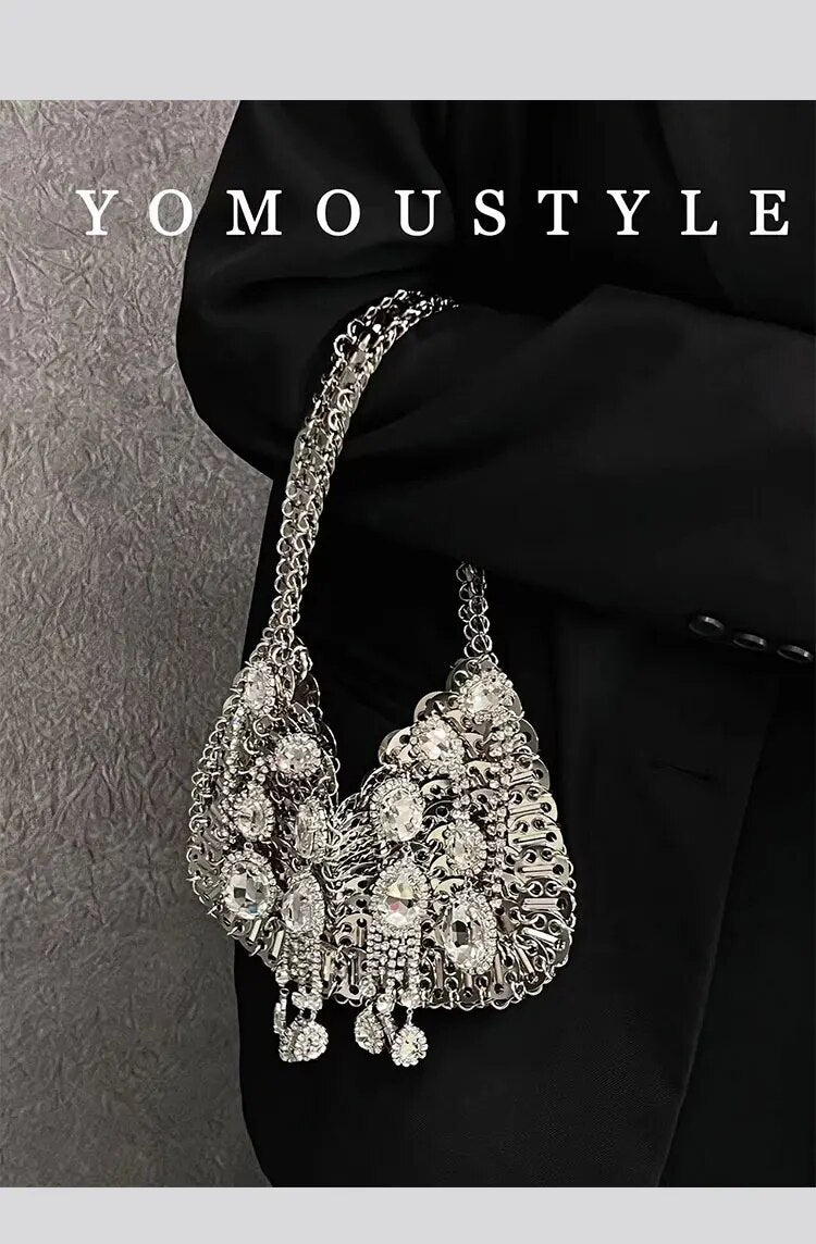 Shiny Metal Handmade Woven Handbag Crystal Rhinestone Diamond Evening Bag Dinner Party Clutch Purse Women Shoulder Crossbody Bag