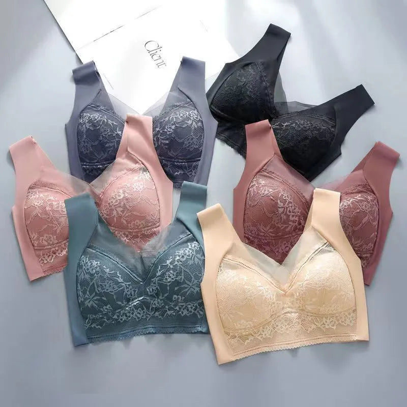 Lace Bras for Women Perspective Full Cup Solid Color Brassiere V-Neck Seamless Crop Top Female Push Up Breathable Lingerie