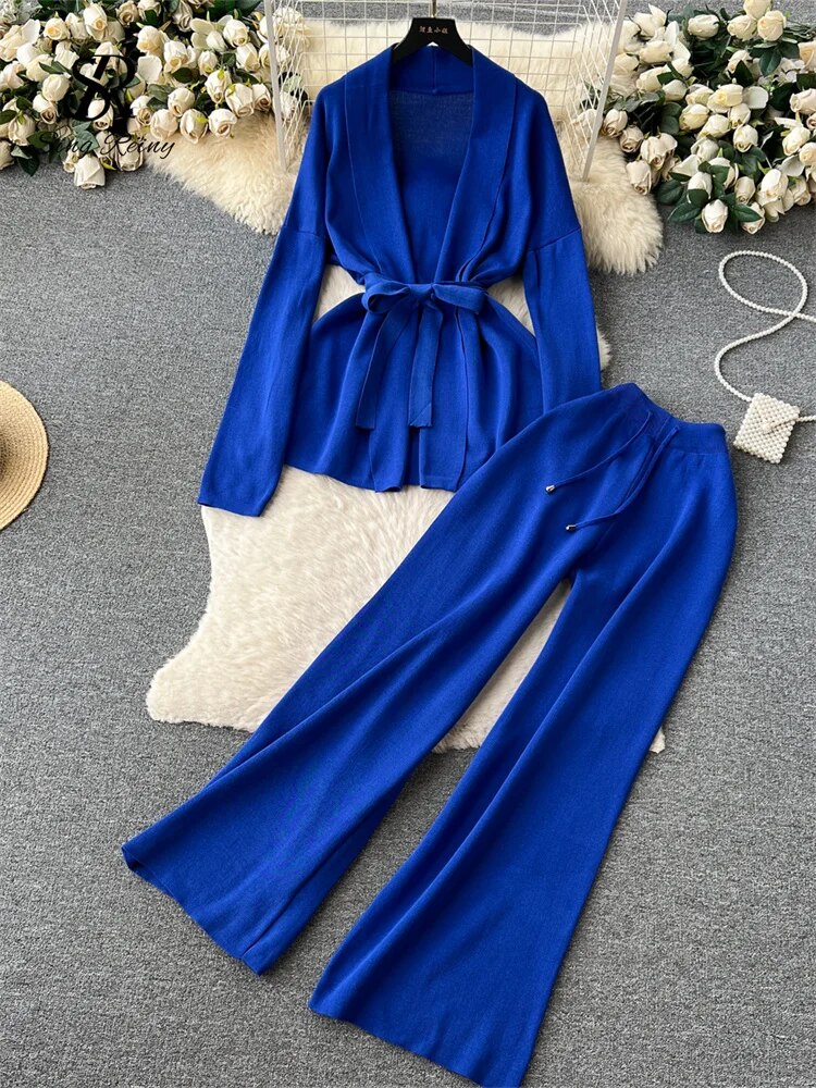 SINGREINY Office Lady Three Pieces Suits Loose Belt Cardigan+Tank Tops+Drawstring Wide Legs Long Pants Autumn Fashion Solid Sets