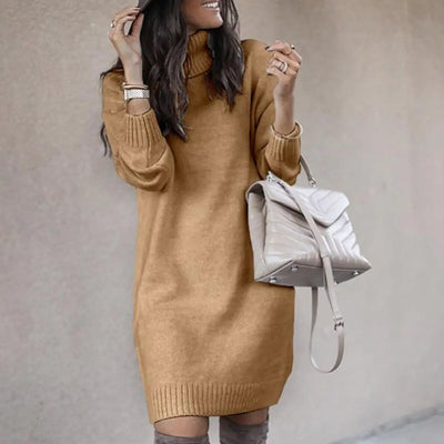 Dress Long Sleeve Knee-length Dress Loose Women Autumn Turtleneck Warm Knitted Sweater Knee-length Dress