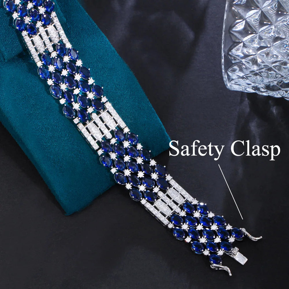 CWWZircons Glamorous Chunky Oval Round Royal Blue Cubic Zirconia Crystal Big Luxury Bracelets for Women Wedding Event CB327