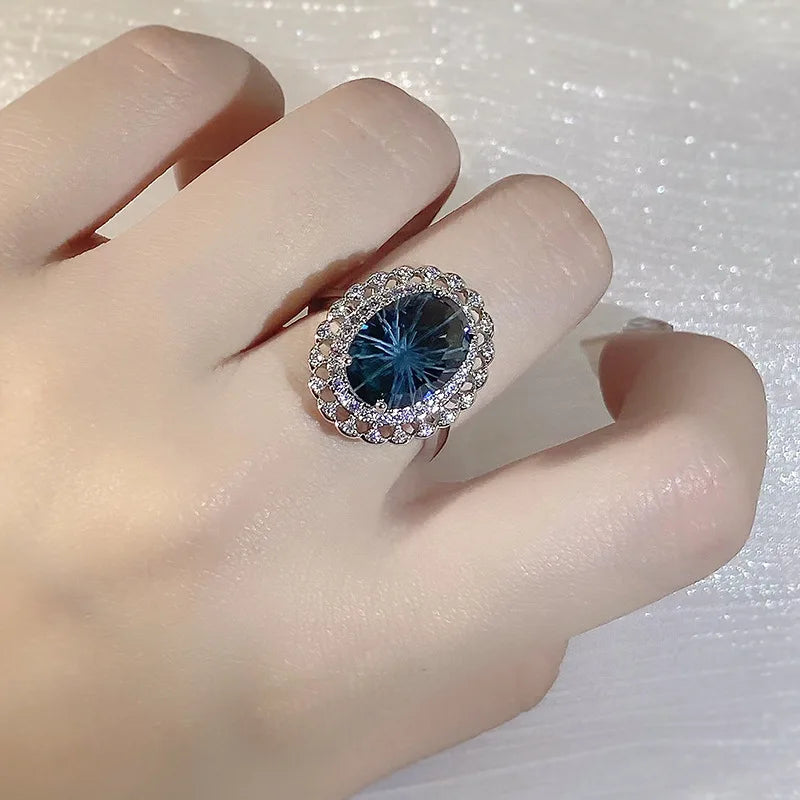 Haute Couture Blue Topaz Women's Ring 925 Silver Natural Fireworks Blue Topaz Women's Ring Cocktail Party Jewelry Gift