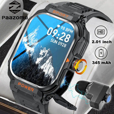 2024 New 2 IN 1 Military Smart Watch for Men with TWS Headset Bluetooth Call Outdoor IP68 Sports Fitness Tracker Health Monitor