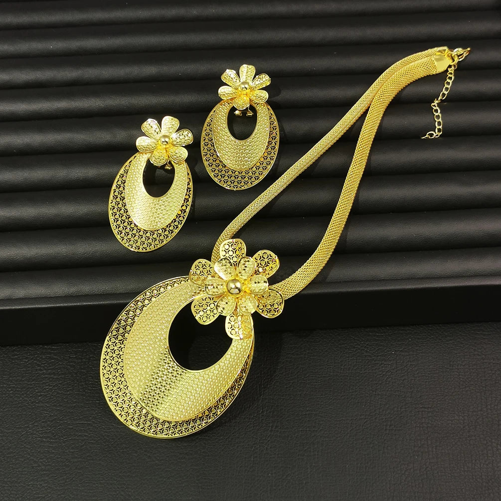 Luxury Dubai Jewelry Set For Women Big Charm Pendant Necklace Earrings Weddings Party African Set Yellow Gold Color Accessories