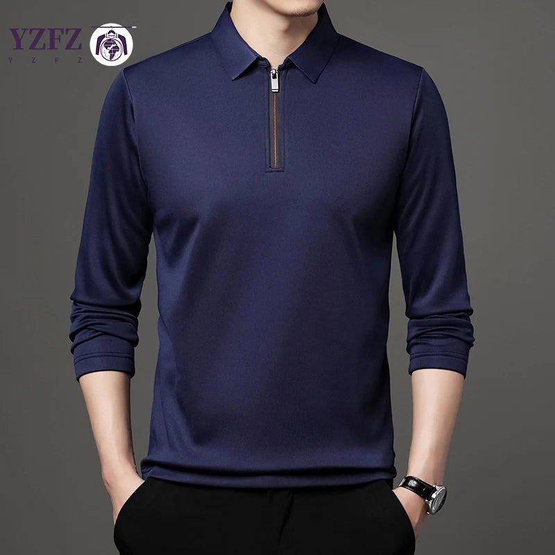 Solid Color Long Sleeve Polo Shirt Fashion Zipper Men's Polo Neck Top Cotton Polo Collar Long Sleeve T-shirt