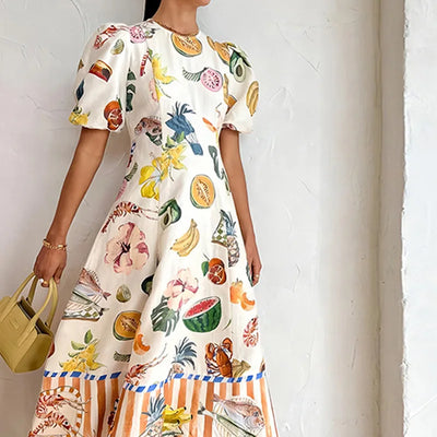 2024 Summer Women's New Elegant Printed Waist-Controlled Round Neck Puff Sleeve Dress Vintage Dress Dresses