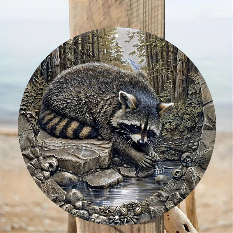 Aluminum Metal Raccoon Sign, Weather-Resistant Circular Design, Dorm Decor, Valentine's Day Gift, Wall Art, Home Decor