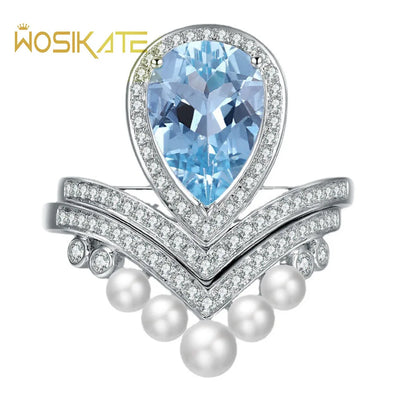 WOSIKATE Vintage Water Drop Shape Sapphire Gemstone Crown Two Wears In One Pearl Ring For Women Elegant Ladies Wedding Jewelry