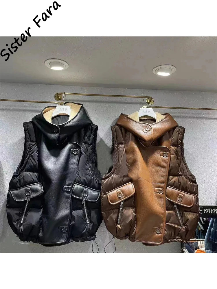 Cotton Padded Women Windproof Warm Waistcoat  Autumn Winter Women Solid Loose Vest Hooded Collar Vest Jacket