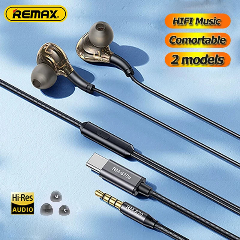 Remax HiFi Earphones Wired In-Ear With Mic Volume Control TypeC 3.5m HD Sound Headphone Sports Noise Cancelling Headset Audioph