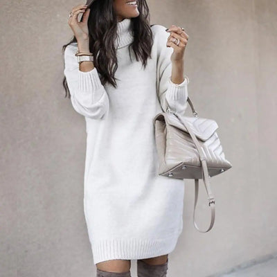 Dress Long Sleeve Knee-length Dress Loose Women Autumn Turtleneck Warm Knitted Sweater Knee-length Dress