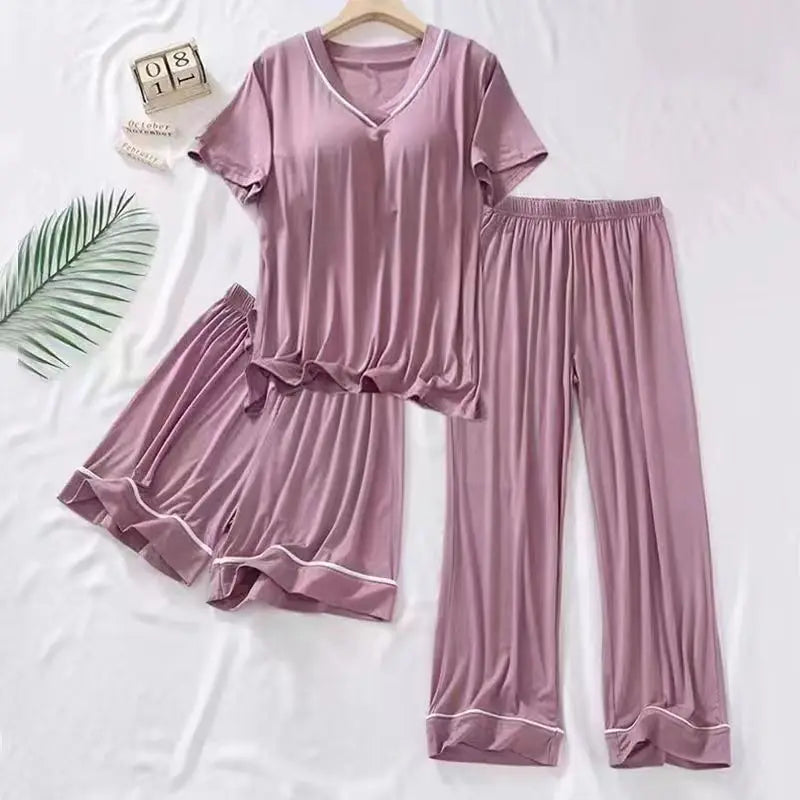 3 Pcs Short Sleeve Ladies Pajamas with Chest Pad Comfortable Pant Women Summer Pajama Sets V-neck Sleepwear Young Girl Style