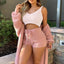 Women's Comfortable Knit Pajama Set Crop-top with V-neck Winter Plush Loungewear Casual 3-Piece Set Long Sleeve Shorts Sports