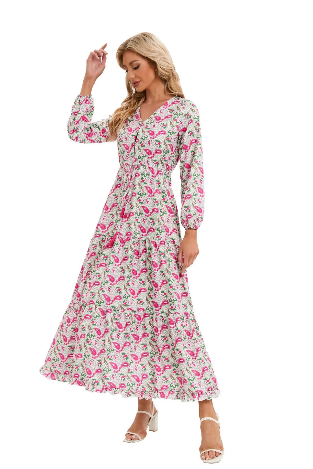 Printed Dress Spring New Style V-neck Long sleeved Adjustable Waist Dress Bohemian Printed Flare Dress