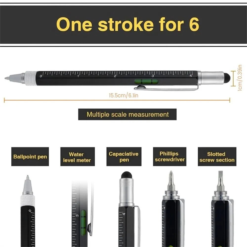 6-in-1 Multi-tool Pen with Screwdriver Screen Touch DIY Woodworking Pen With Ruler for Office Writing Supplies Multi Tools Pen