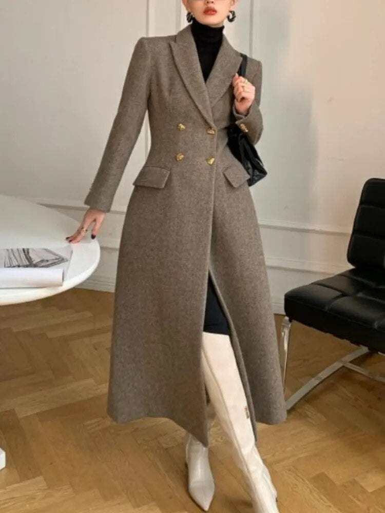 Women's Woolen Long Coat Autumn/Winter New Retro High-end Temperament Waist Length Woolen Jacket Female Office Lady Fashion Coat