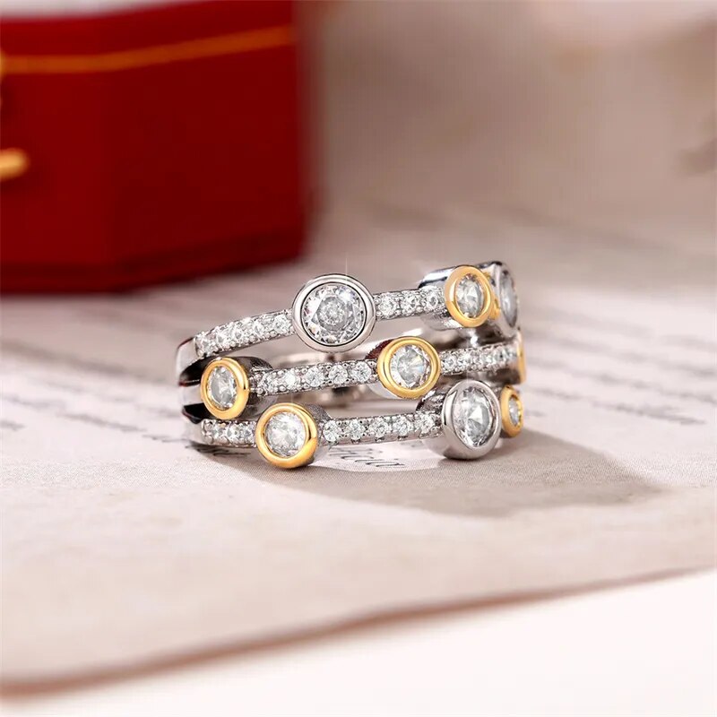 Huitan Vintage Two Tone Lady's Rings Anniversary Party Daily Wearable Luxury Cubic Zirconia Rings 2022 New Trend Women Jewelry