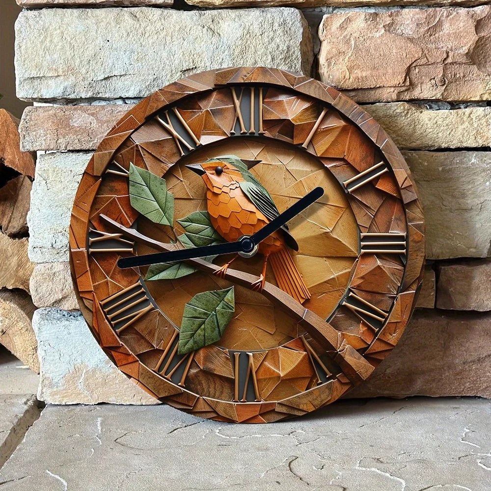 DIY 3D Robin Wall Clock Kit , High-Definition Art Clock with 2D Effects, Autumn Leaves Pattern, Craft or Living Room Decoration