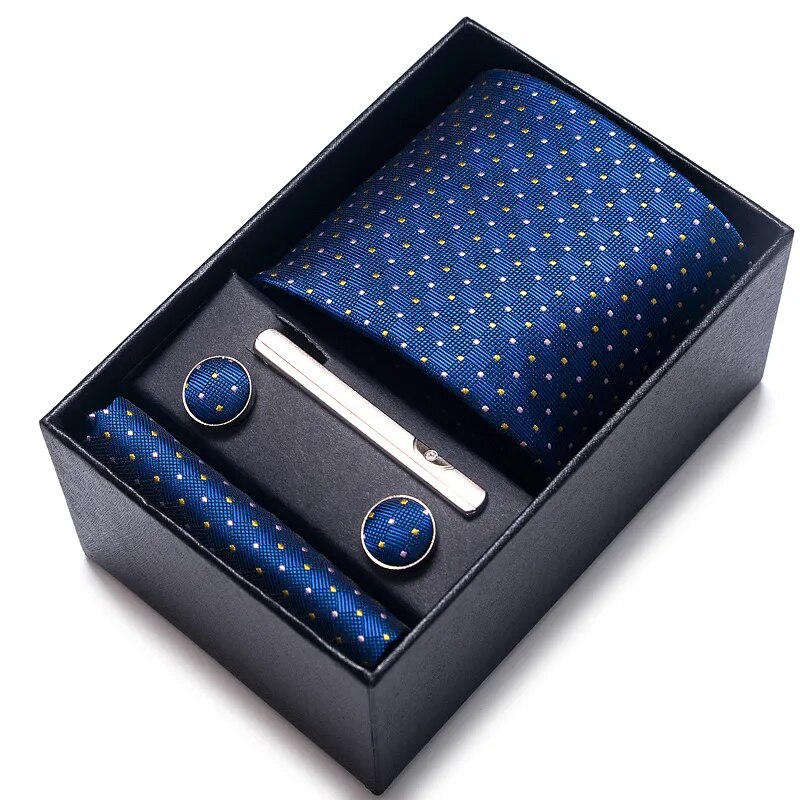 100% Silk Brand Tie Handkerchief Cufflink Set For Men Necktie Holiday Gift Box Blue Gold Suit Accessories Slim Wedding Gravatas