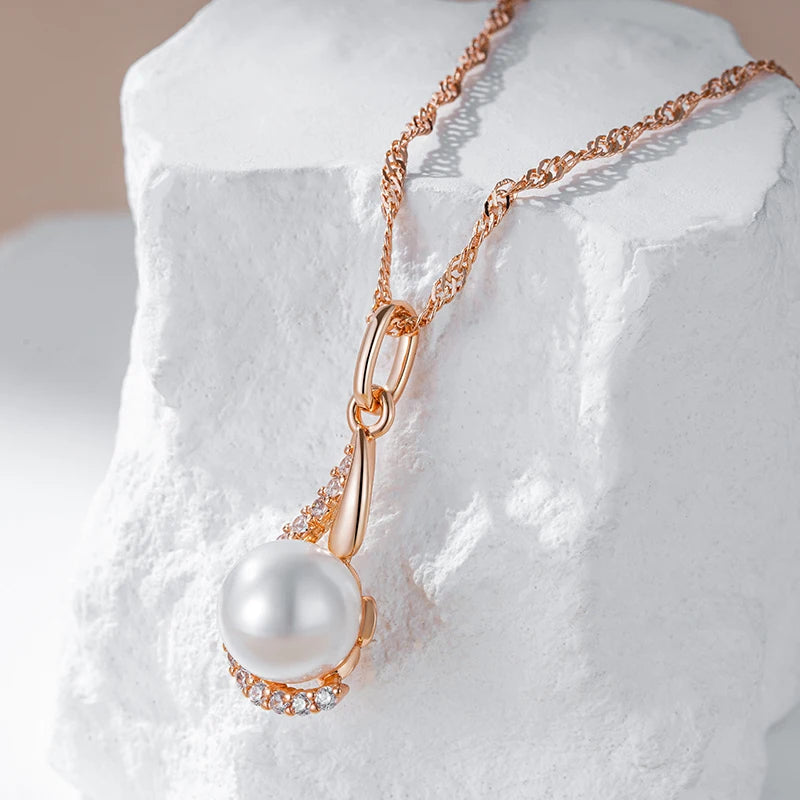 Kinel Luxury 585 Rose Gold Color Pendant Necklace for Women Unique Geometric Pearl Pendant Bride Daily Fine Jewelry 2024 New