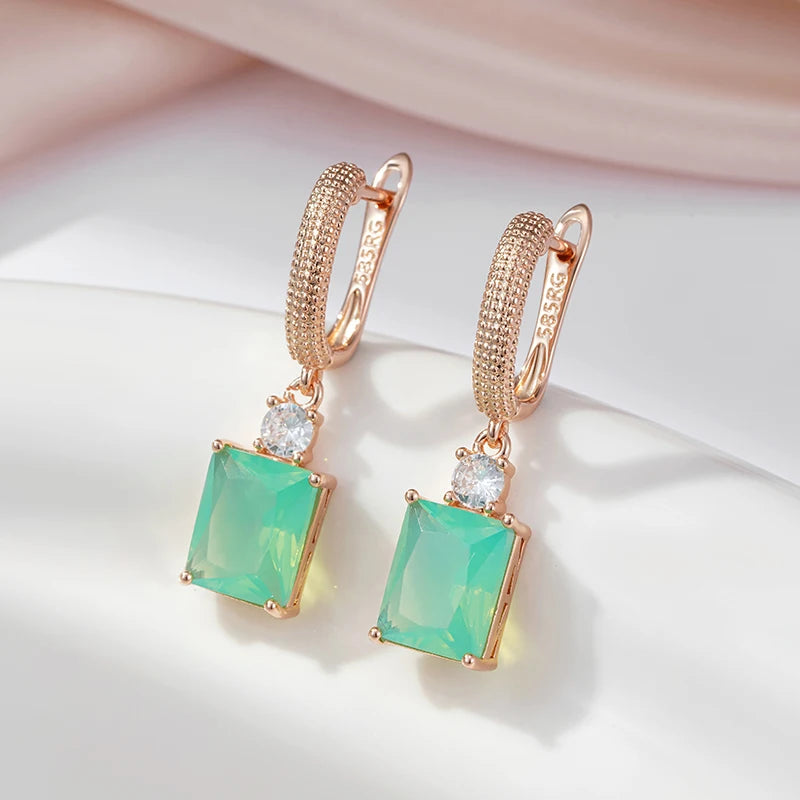 SYOUJYO Square Blue Green Natural Zirconia Dangle Earrings for Women 585 Rose Gold Color Boutique Jewelry Party Wearing