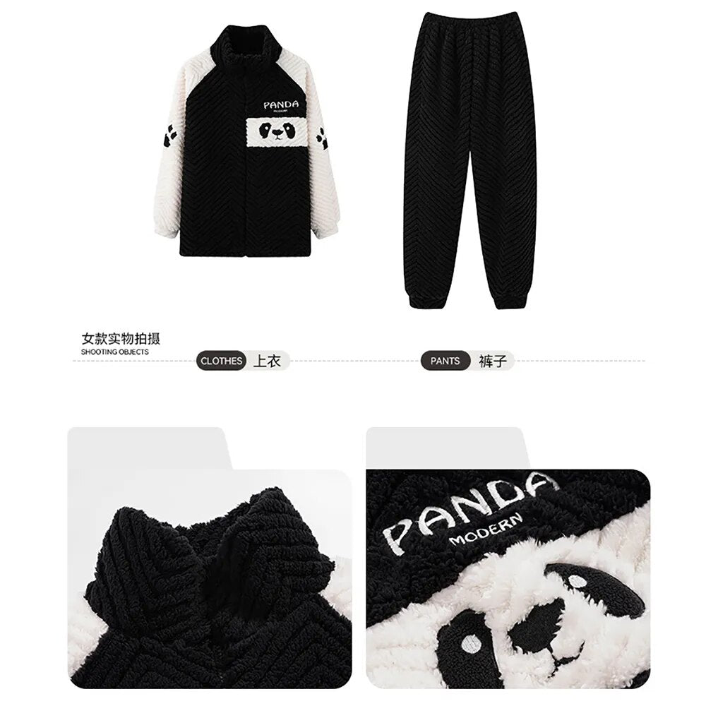 Coral Velvet Thicken High Collar Men's Warm Winter Nightwear Zipper Pajamas for Couples Cartoon Panda Sleepwear Women Pajama Set