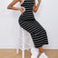 Women's Fashion Athleisure Style Knitted Black And White Striped Crew Neck Hollow-out Long Dress