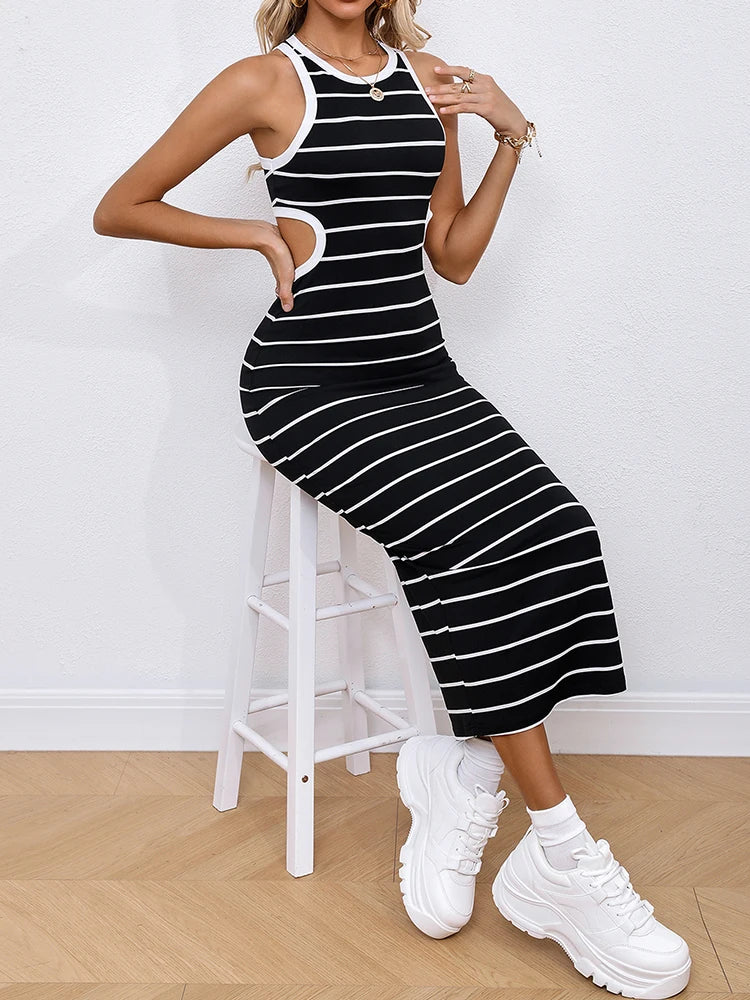 Women's Fashion Athleisure Style Knitted Black And White Striped Crew Neck Hollow-out Long Dress