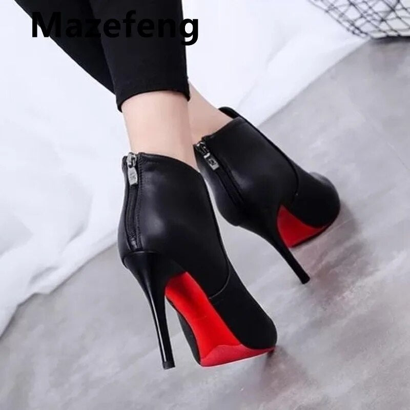 Women Pointed Toe Super High Heels Ankle Boots Autumn Winter Warm Short Plush Booties Woman Shiny Sequin Botas Mujer 2021