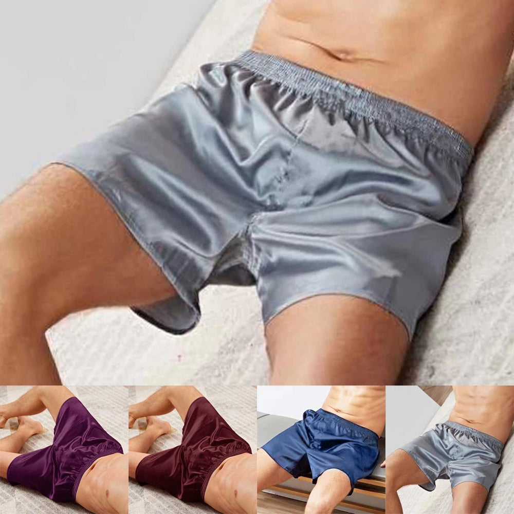 Men's Pajama Satin Silk Boxers Sexy Boxer Briefs Smooth Silk Pajamas Shorts Loose Split Man Lounge Boxer Shorts L-3XL