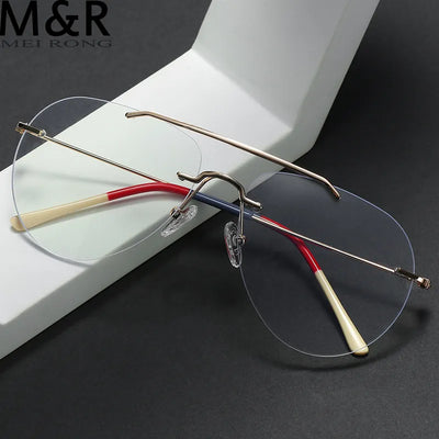 Double Beam Rimless Glasses for Men Women Oversized Anti Blue Light Eyeglasses Flat Mirror Optical Prescription Glasses Frame