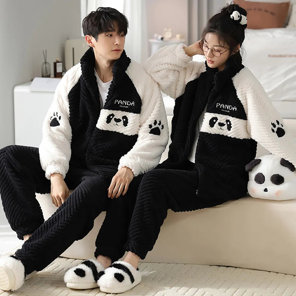 Coral Velvet Thicken High Collar Men's Warm Winter Nightwear Zipper Pajamas for Couples Cartoon Panda Sleepwear Women Pajama Set