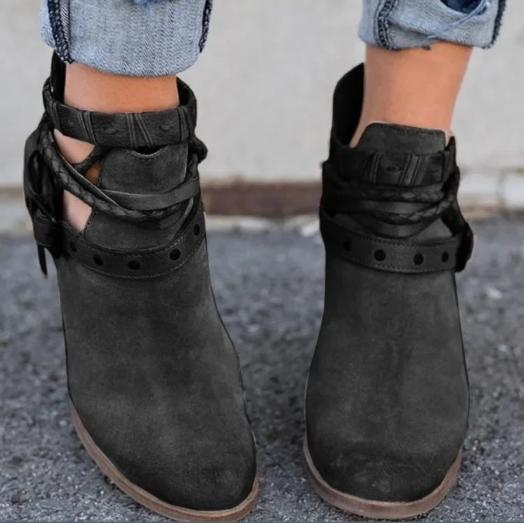 Women Winter Ankle Boots 2023 Autumn Casual Retro Heels Western Boots Metal Belt Buckle Thick Heeled Short Boots Botas Mujer