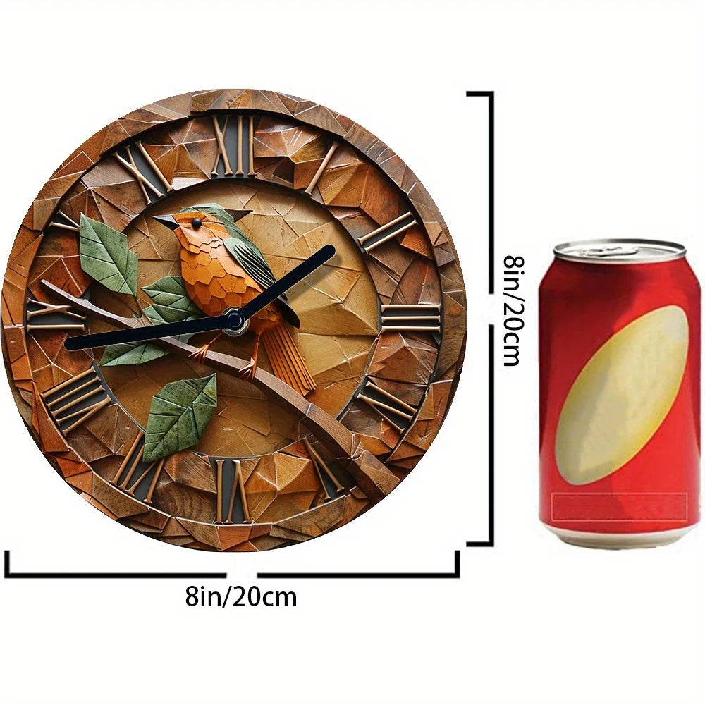 DIY 3D Robin Wall Clock Kit , High-Definition Art Clock with 2D Effects, Autumn Leaves Pattern, Craft or Living Room Decoration