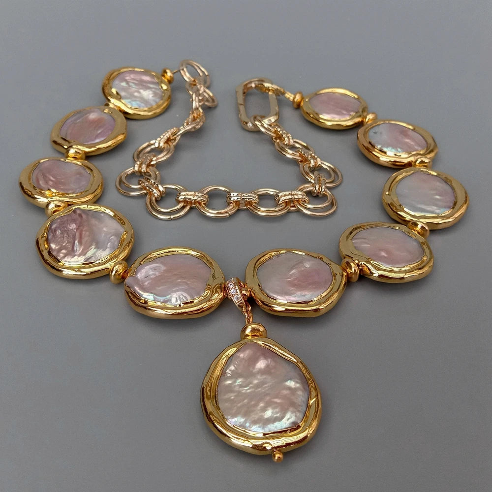 Freshwater Cultured Pink Keshi Coin Pearl 21mm Pendant Gold Plated Chain Necklace 18"