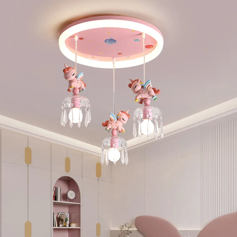 Cartoon Pegasus Lamp Pink Princess Room Ceiling Light Resin Unicorn Astronaut Kids Bedroom Hanging Lamps Baby Girl Children Lamp