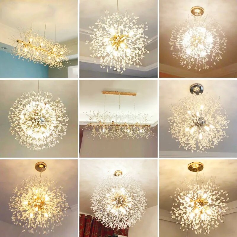 Dandelion Crystal Chandelier Lighting Modern Silver LED Pendant Lamp Dining Room Decor Ceiling Lustre Bedroom Suspension Lampara