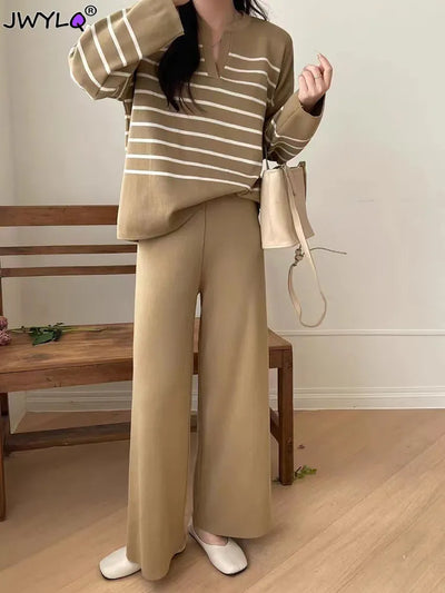 Korean O-neck Striped Lapel Long Sleeve Pullover Women Sweater+high Waist Wide Leg Pants Two Piece Set Autumn Winter Streetwear